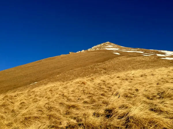 Blick vom Mietplätz in Richtung Gipfel. Noch sind über 500 Hm zu bewältigen.